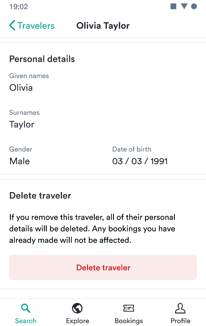 A screen with details on a traveler,
  with a critical subtle button at the button to 'Delete traveler'
  .